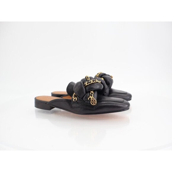 Tory Burch Womens Mule Flat Size 5.5 Black Leather Chain Link Slip On Shoes - Picture 1 of 13